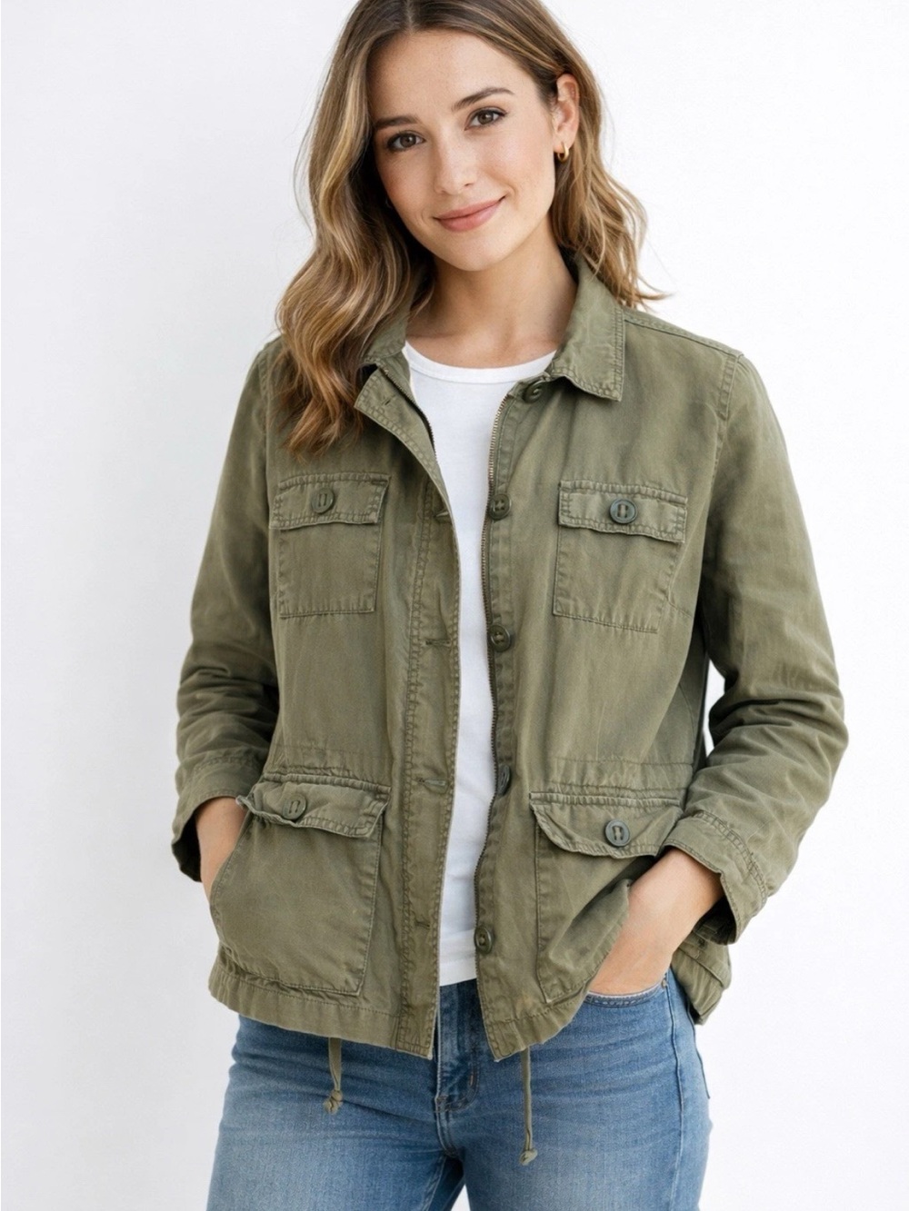 Talbots Utility Field Jacket Women’s XL Petite Olive Green Cotton Lightweight